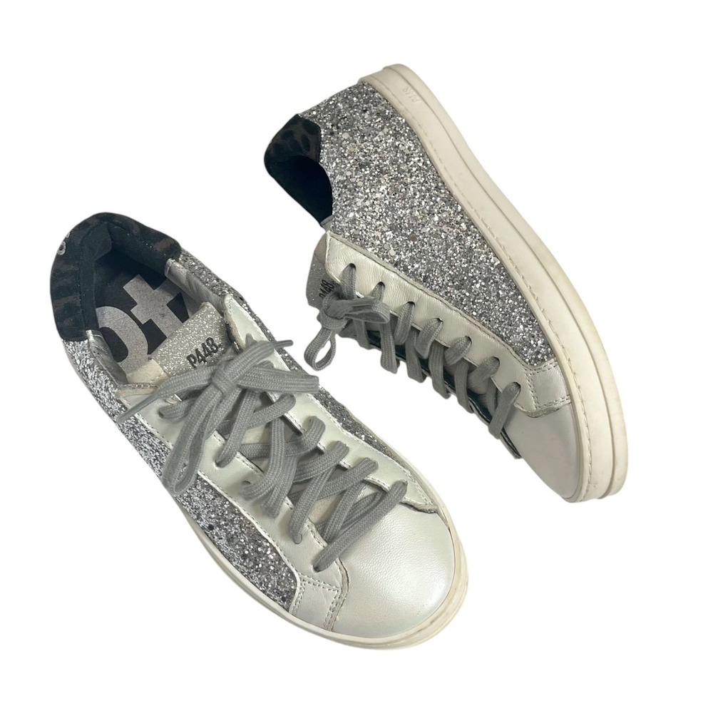P448 John Sneakers Women's US 6 EU 36 Silver Glitter Leather Low Top Casual‎